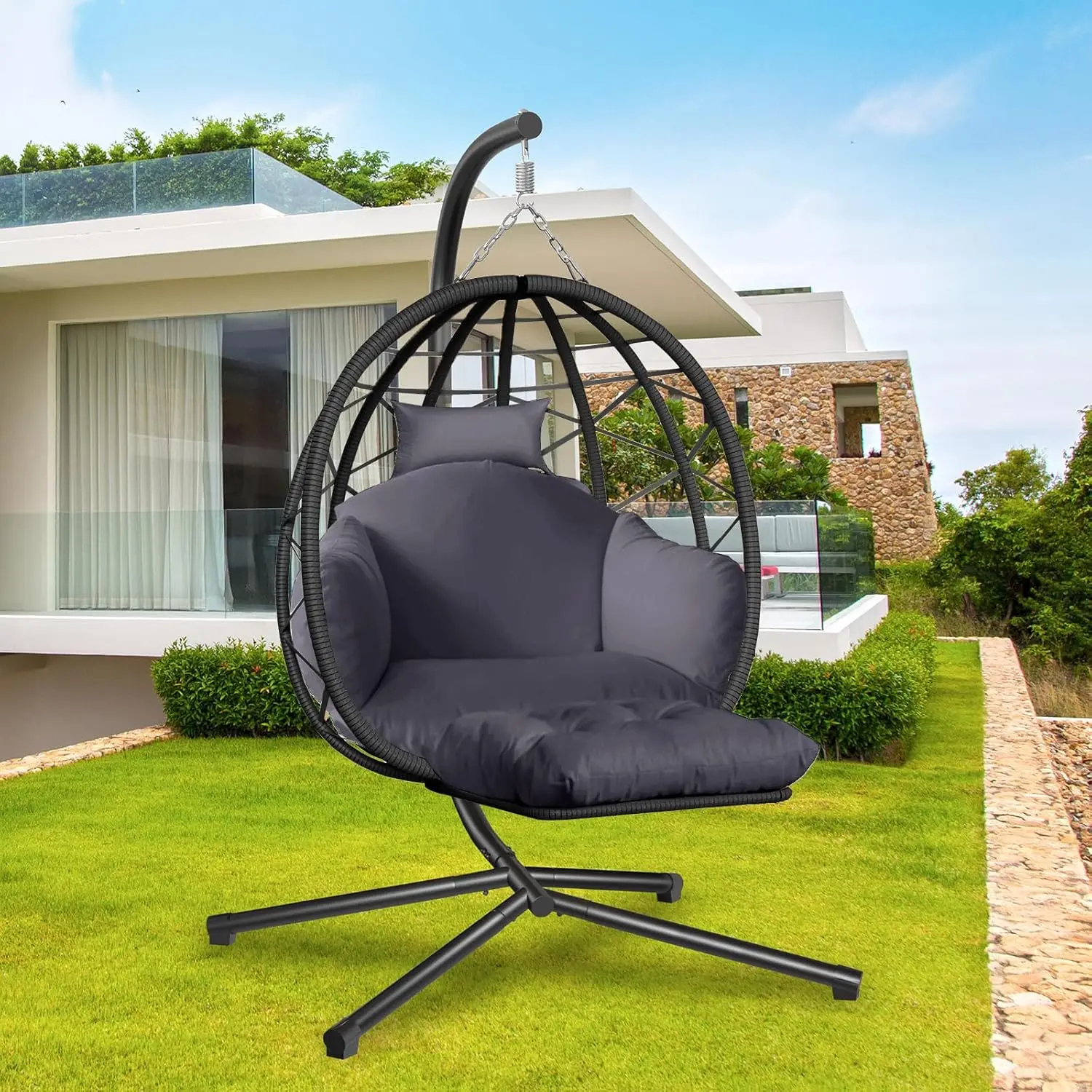 Kids Outdoor Egg Chair - كرسي بيضاوي معلق مع حامل ومسند
